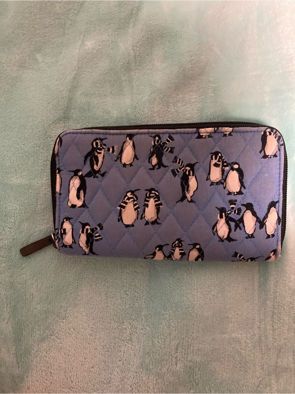 Vera Bradley Penguins Blue Quilted Wristlet REHAB Zipper Wallet (FAIR CONDITION)